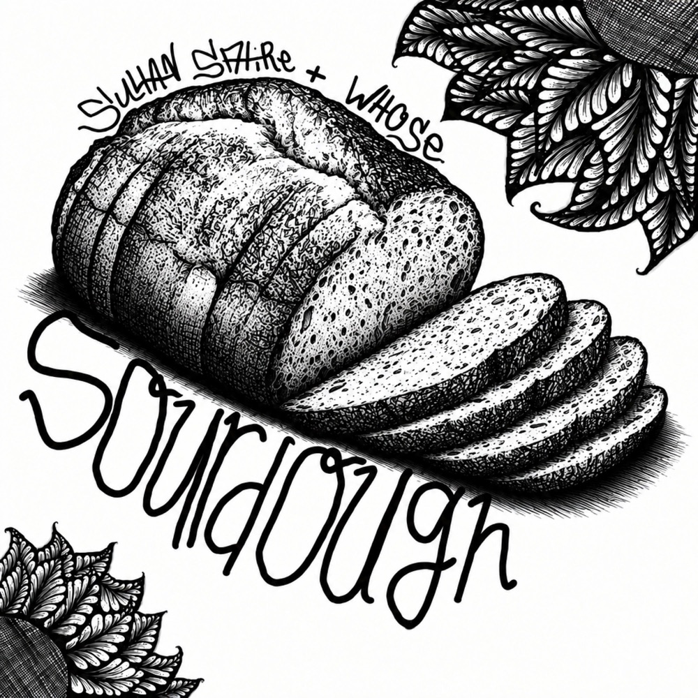 Sourdough cover: hand-drawn bread and flowers, with Sultan Satire and Whose lettering